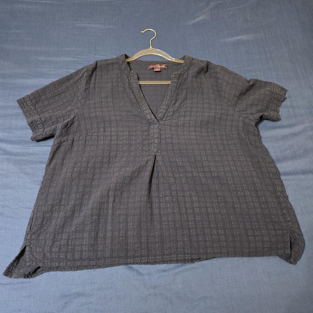 Grace & Emma Blouse Womens XL Blue Check Cotton Viscose V-Neck Tunic Top Gauze